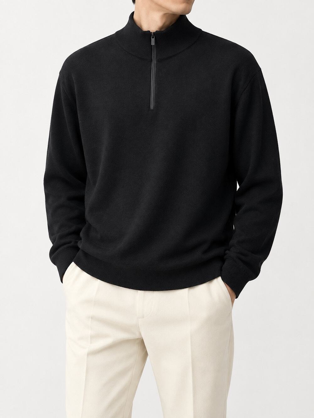 MASSIMO DUTTI Men’s Merino Wool Black Quarter Zip Mock Neck Sweater Large